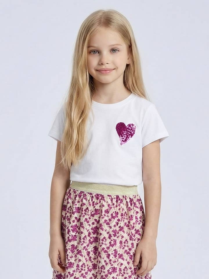 T-shirt in cotone con cuore di paillettes per bambina per la vendita all'ingrosso da parte di MINI MIGNON PARIS