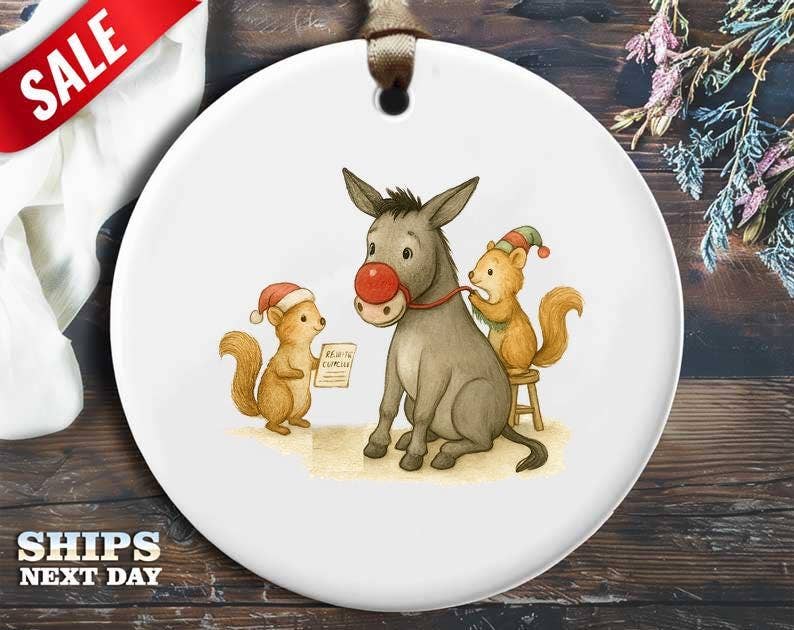VenusArtsShop - Wholesale Ornament - Red Nose Donkey Ornament With Cheeky Squirrel Dress Up -