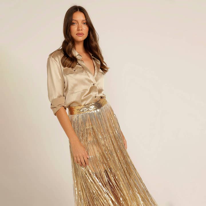 Love, Bonfire the Label - Wholesale Skirt - Women's - Where Women Glow Gold Sequin Fringe Skirt2