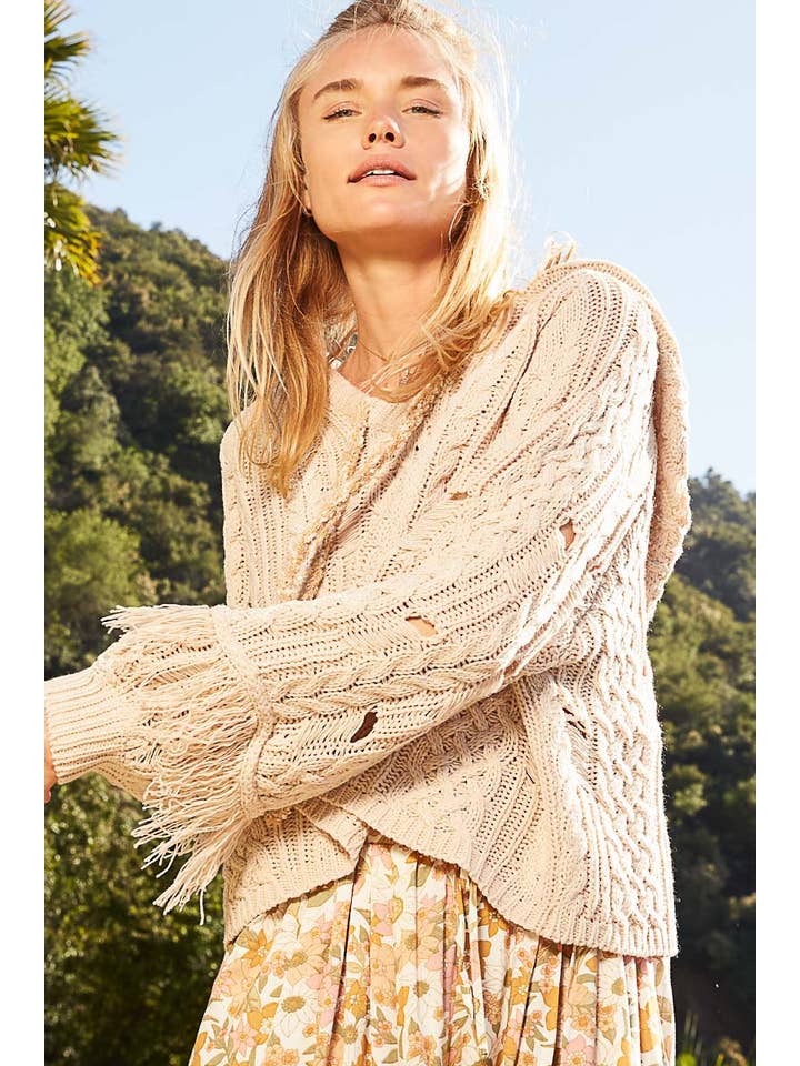 Pol Clothing - Wholesale Knit Sweater - Women's - V-neck long sleeve distressed fringe sweater SALE