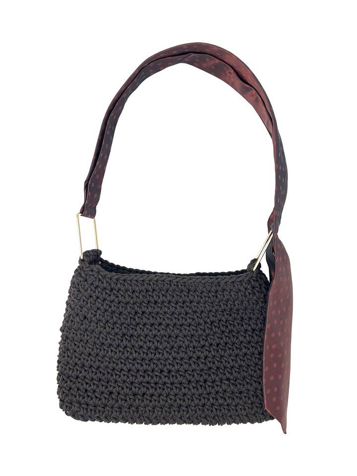 Mørkebrun bomuldshækletaske med vintage slips håndtag for engroshandel hos Tétè Accessories