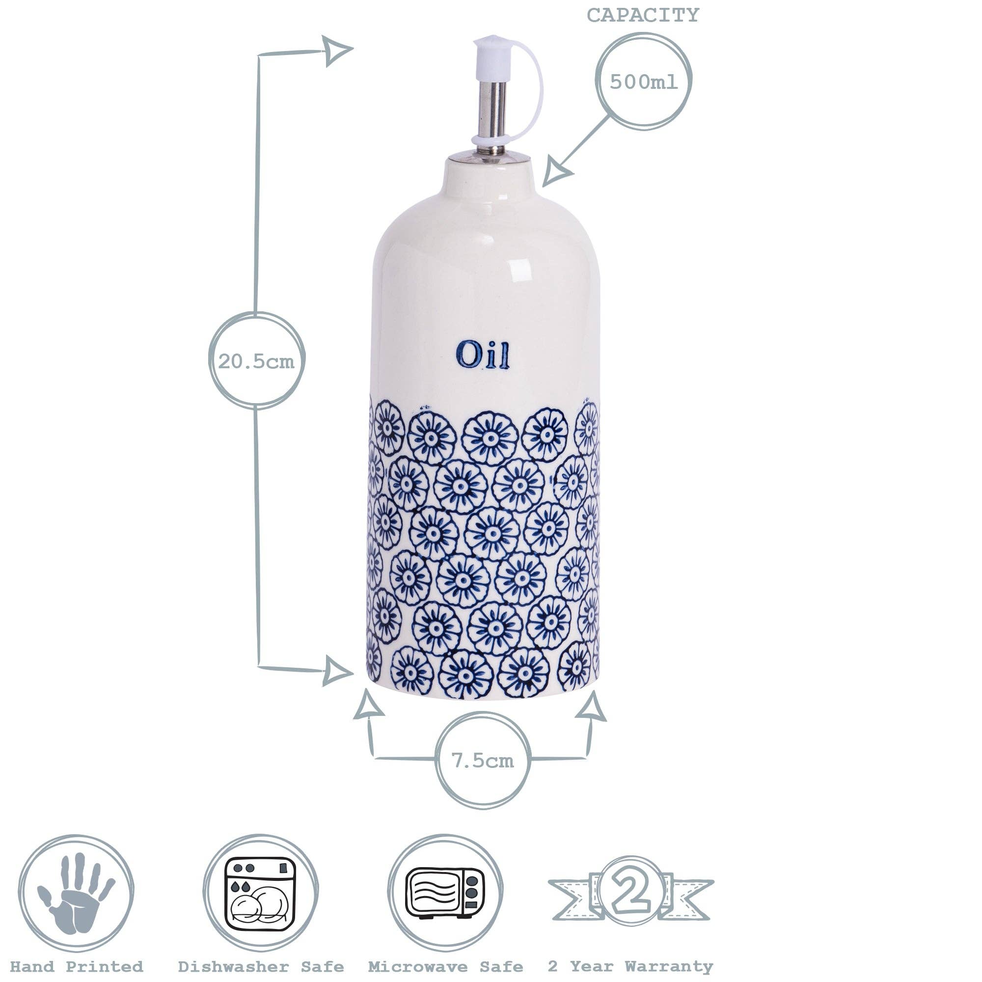 Rinkit Ltd - Wholesale Oil/Vinegar Dispenser - Nicola Spring Hand-Printed Olive Oil Bottle Blue 500ml5