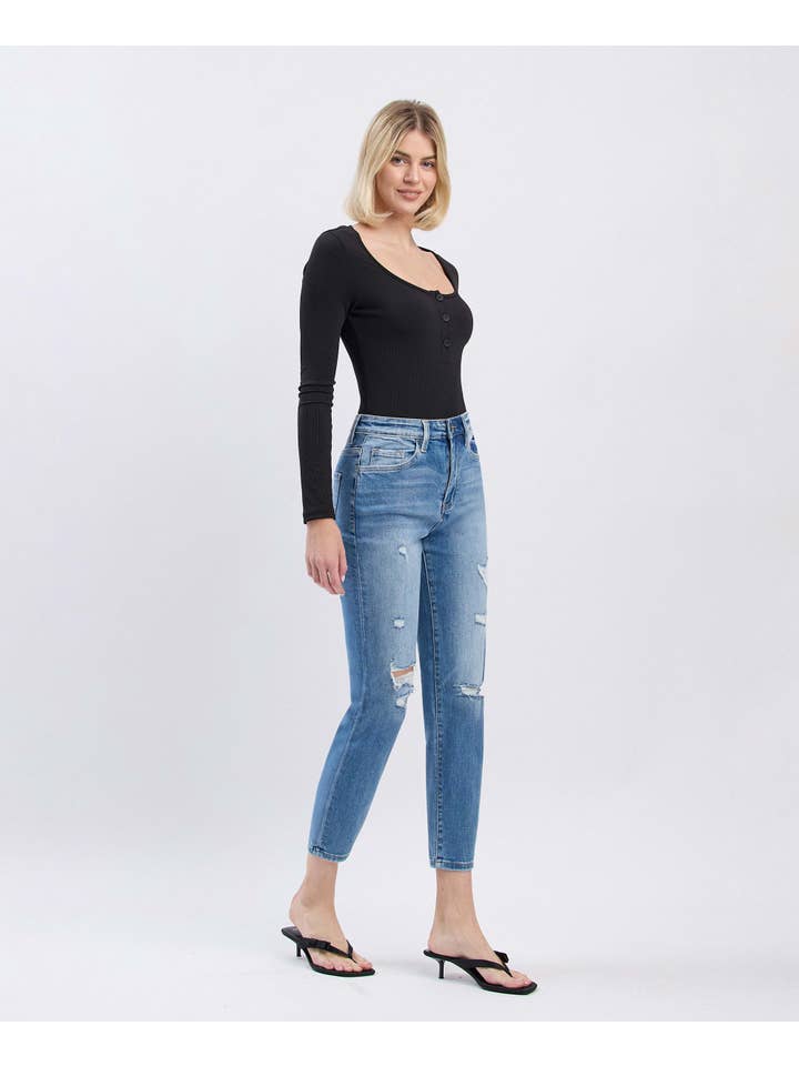 SCRATCH SUPER HIGH RISE DISTRESSED CROP MOM JEANS T5341 for wholesale on Faire