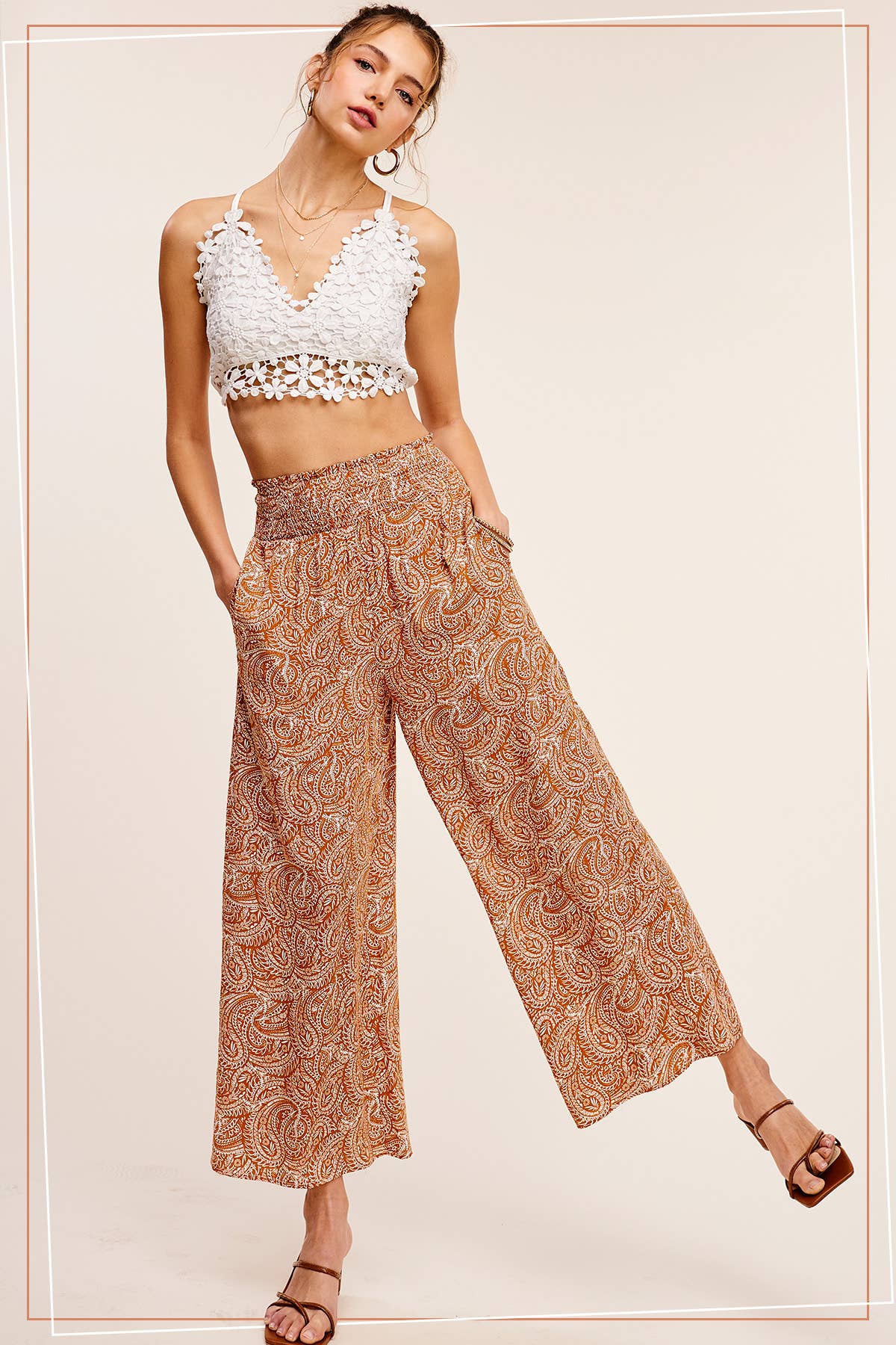 La Miel - Wholesale Pants - Women's - JCP4225-Boho Paisley Print Wide Leg Flowy Pants with Pockets10