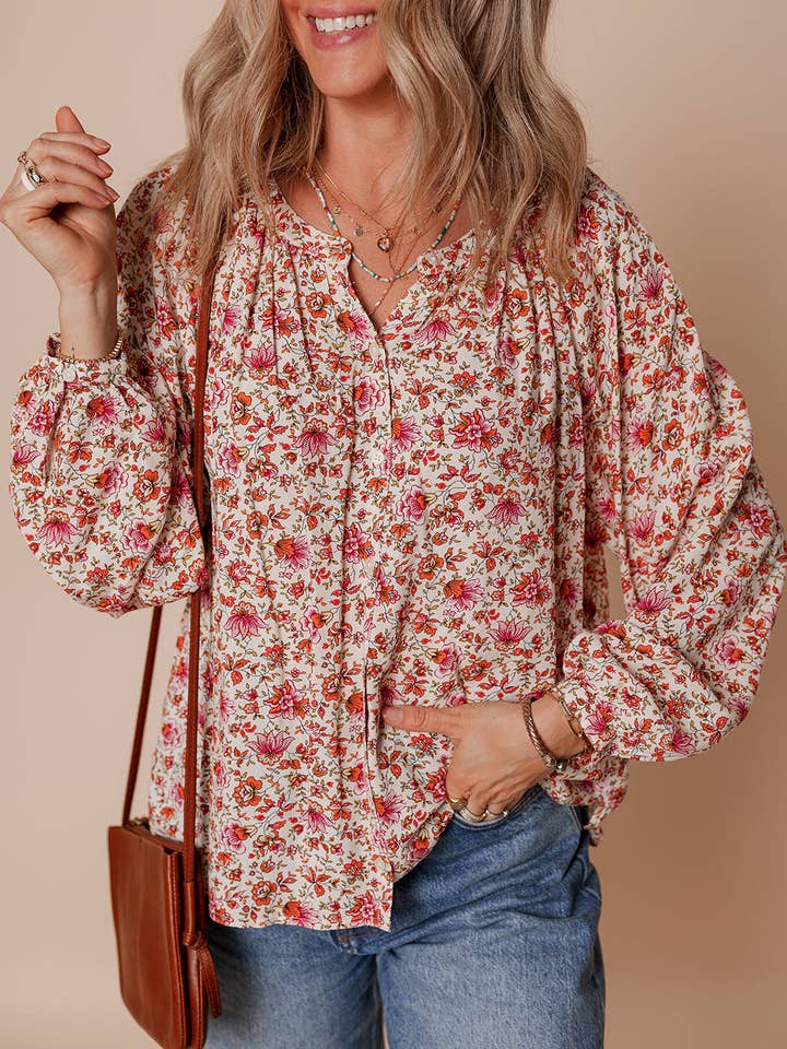 Red Floral Print Pleated Detail Notched Neck Puff Sleeve Blouse for wholesale by Lovesoft