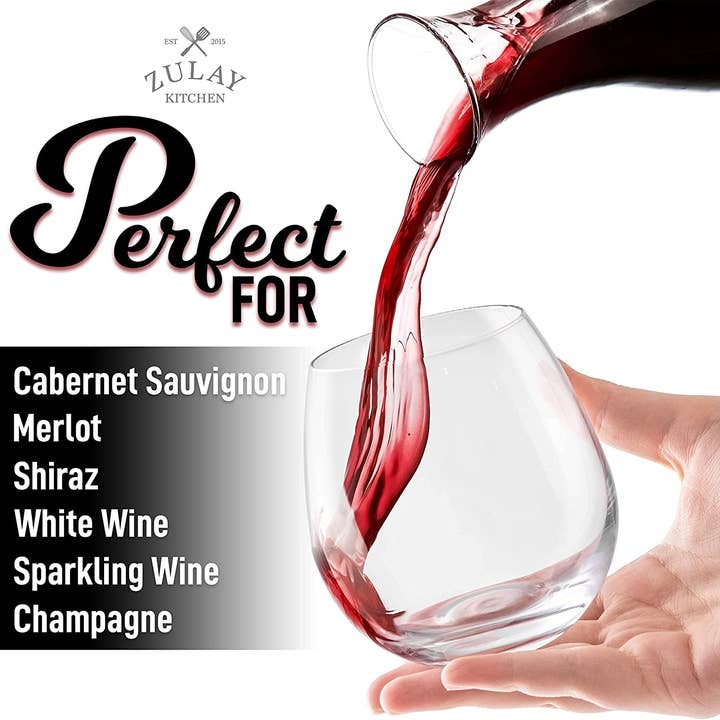 Zulay Kitchen - Wholesale Wine Glass - 14.5 oz Stemless Wine Glasses Set - Heavy Base