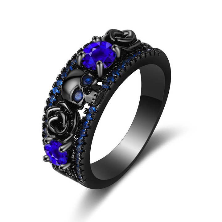 Tourtiwi - Wholesale Cocktail/Statement Ring - Gothic Skull Flower Black Gold Inlaid Zircon Ring2