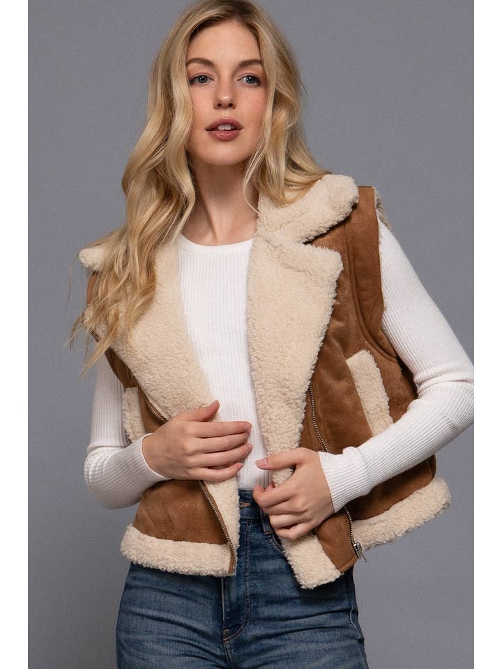 Vanilla Monkey - Wholesale Outerwear Vest - Women's - Faux Suede Inner Fur Zip Up Vest4