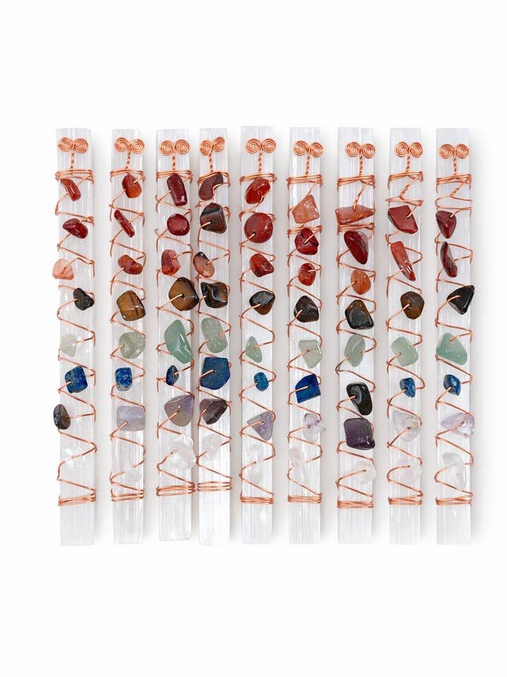 Selenite Crystal Wands w/ Seven Stone Chakras & Copper Wire for wholesale by Picki Nicki