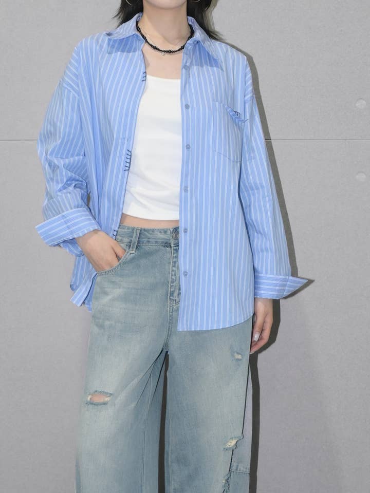 Contraststiksel Gestreept Overhemd voor wholesale door Blanc.Noize