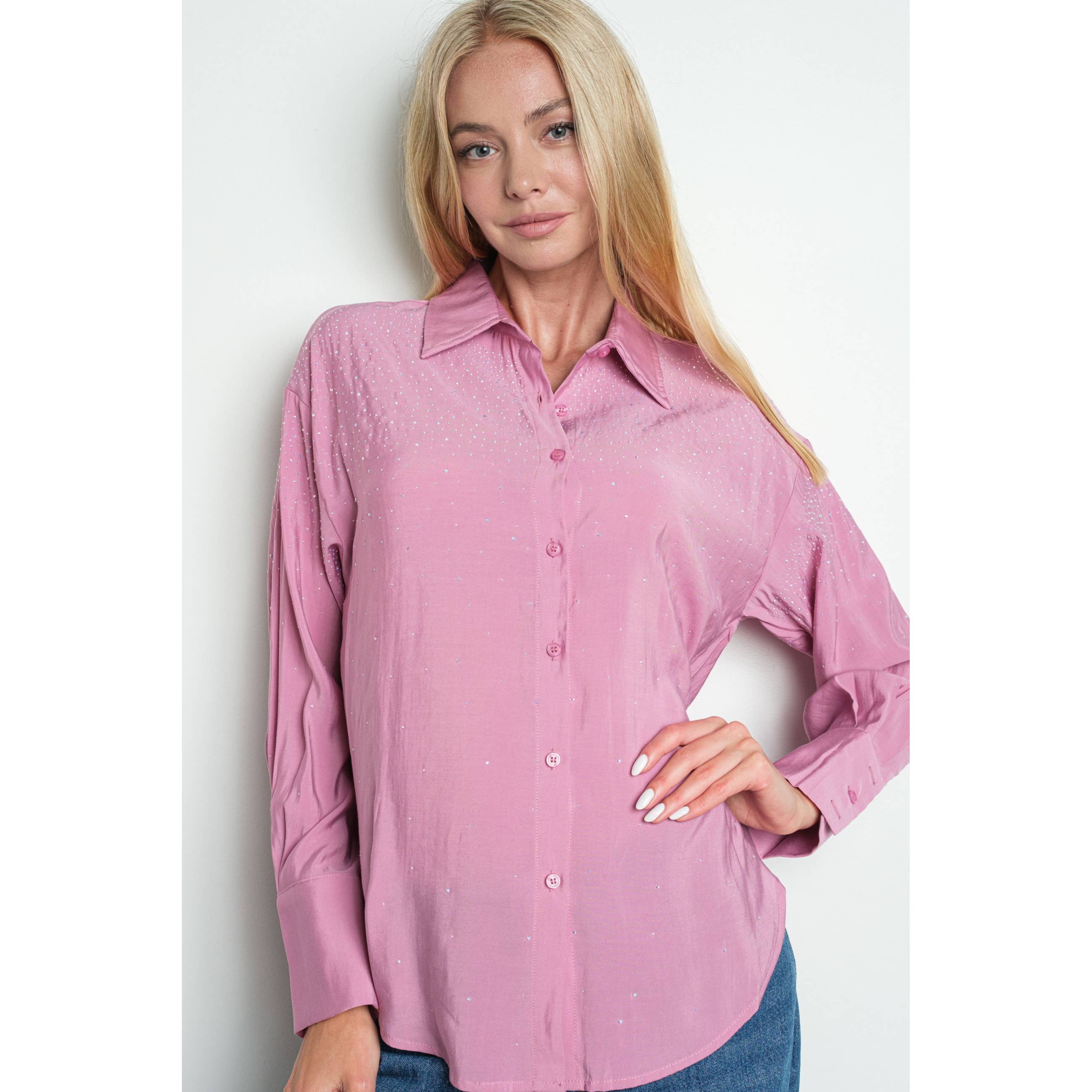 KIWI – wholesale Buttoned-down shirt – Women's – IT3216 Iridescent Rhinestone Embellished Button Up Shirt9