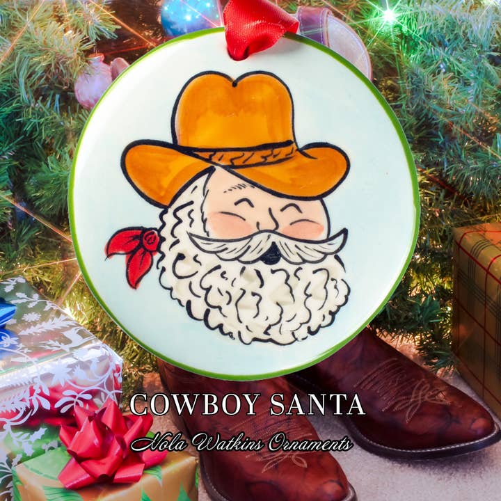 Nola Watkins Collection - Wholesale Ornament - Personalized Customizable Ceramic Ornament - Santa Cowboy