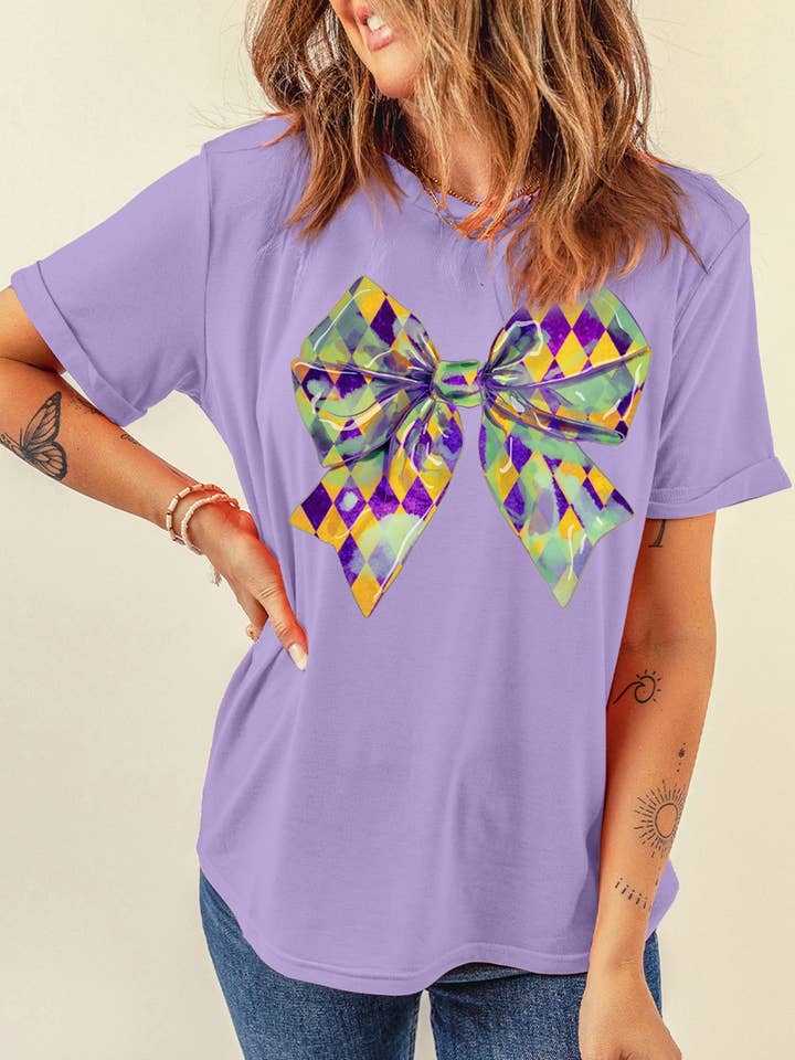 Wisteria Plaid Bow Mardi Gras Crewneck Tee for wholesale by 1 the Woman
