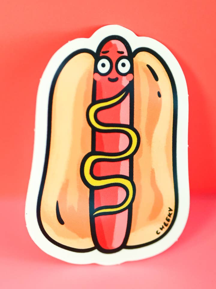 Autocollant en vinyle Surprised Hot Dog pour la vente par Cheeky Art Studio