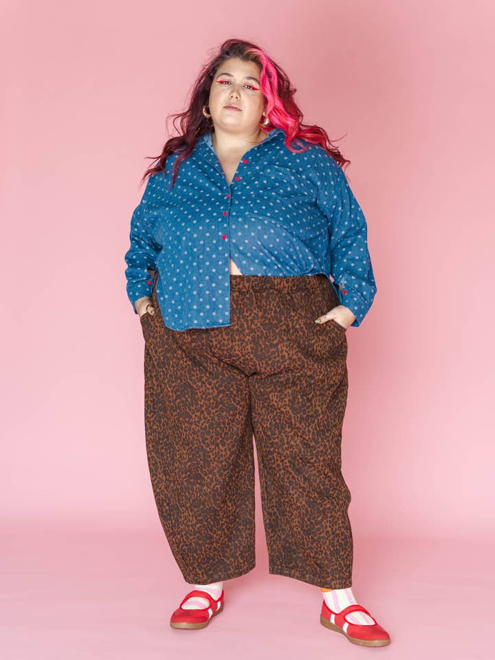 Size Inclusive Gender Neutral Leopard Twill Balloon Pant for wholesale by Nettle Studios