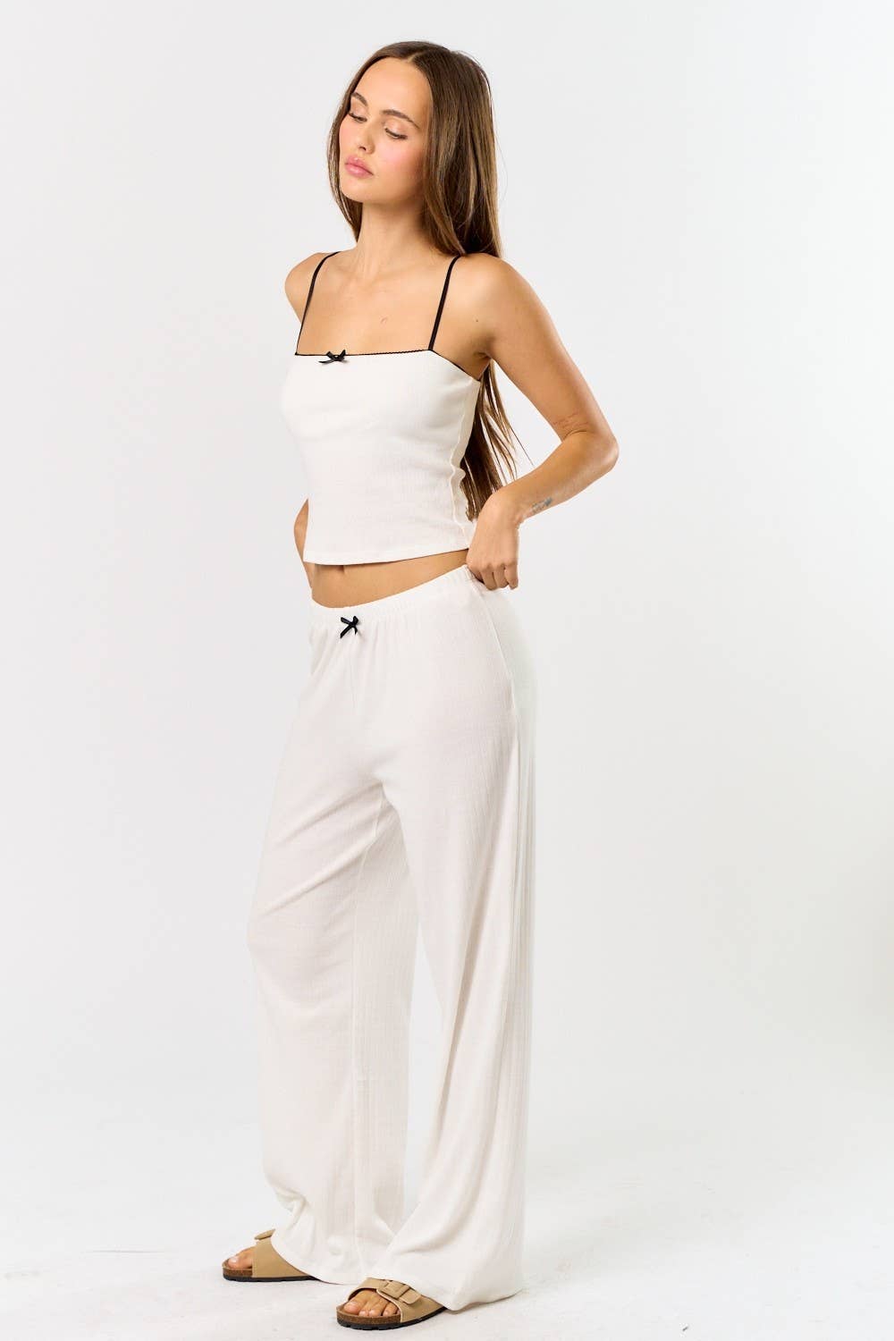 Blue Blush - Wholesale Lounge Set - Women's - BS25584 Contrast Pointelle Cami Top and Wide Leg Pants Set2