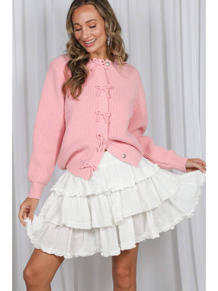 Vine & Love - Wholesale Knit Sweater - Women's - Bow Snap Button Detail Long Sleeve Cardigan Sweater VT828155