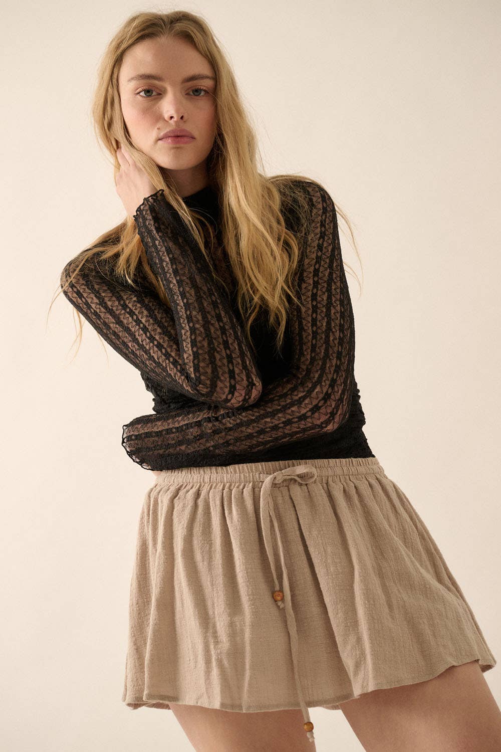 Promesa USA - Wholesale Bodysuit - Women's - Striped Floral Lace Ruched Mock-Neck Bodysuit19