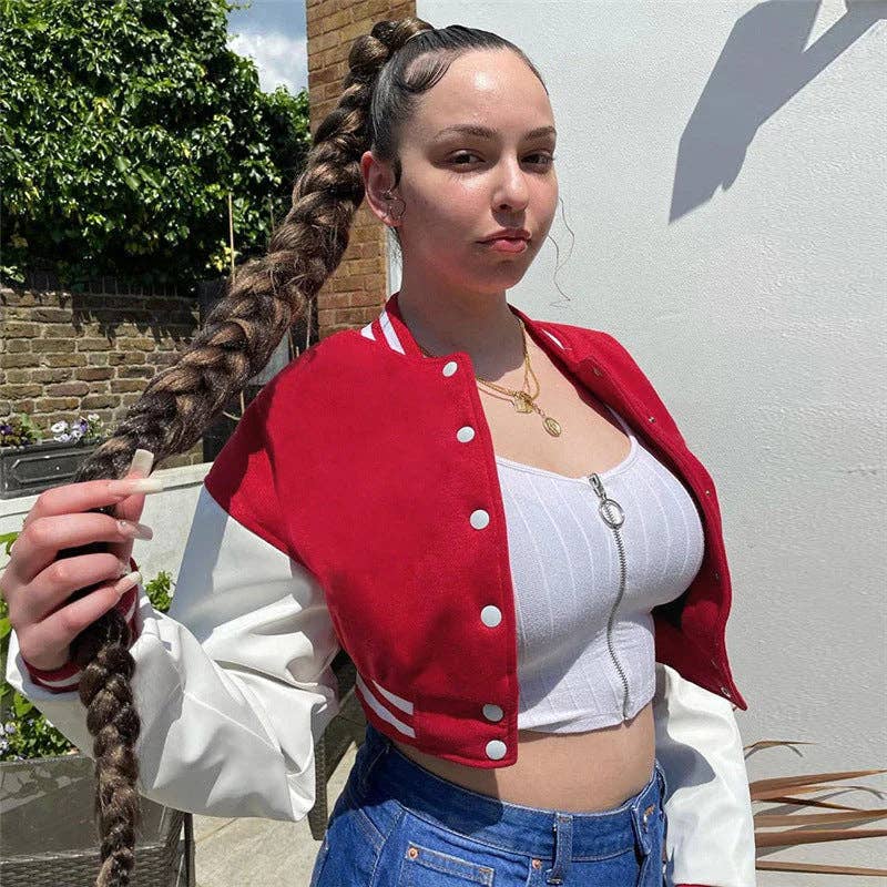 MB Fashion Wholesale - Wholesale Varsity/Baseball Jacket - Women's - MB FASHION CROPPED BUTTON DOWN JACKET 6466R8