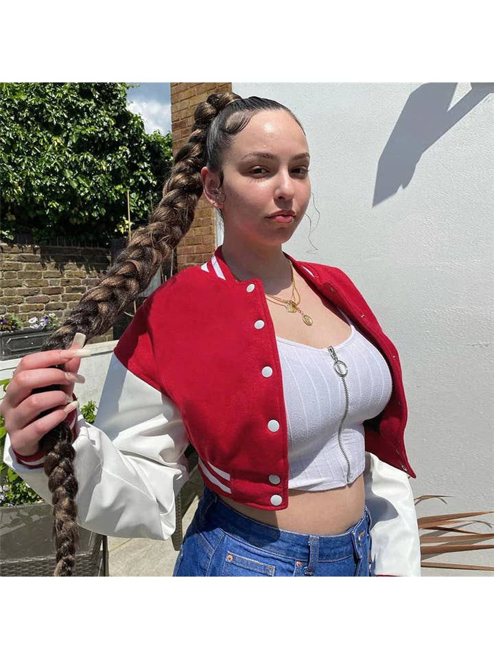 MB Fashion Wholesale - Wholesale Varsity/Baseball Jacket - Women's - MB FASHION CROPPED BUTTON DOWN JACKET 6466R8