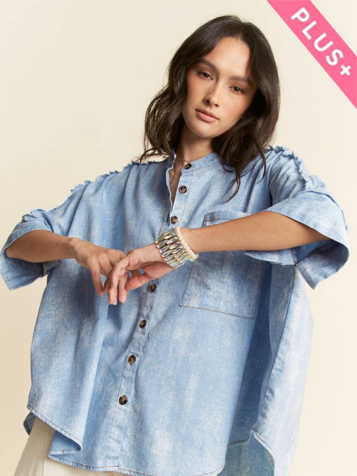PLUS WASHED DENIM STAND COLLAR FRINGE HEM SHIRT for wholesale by Davi & Dani