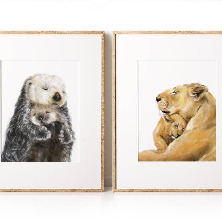 Triple Studio - Venta al por mayor Ilustración - Impresión artística Sea Otter Mom and Baby | Decoración de pared del cuarto de niños del océano5