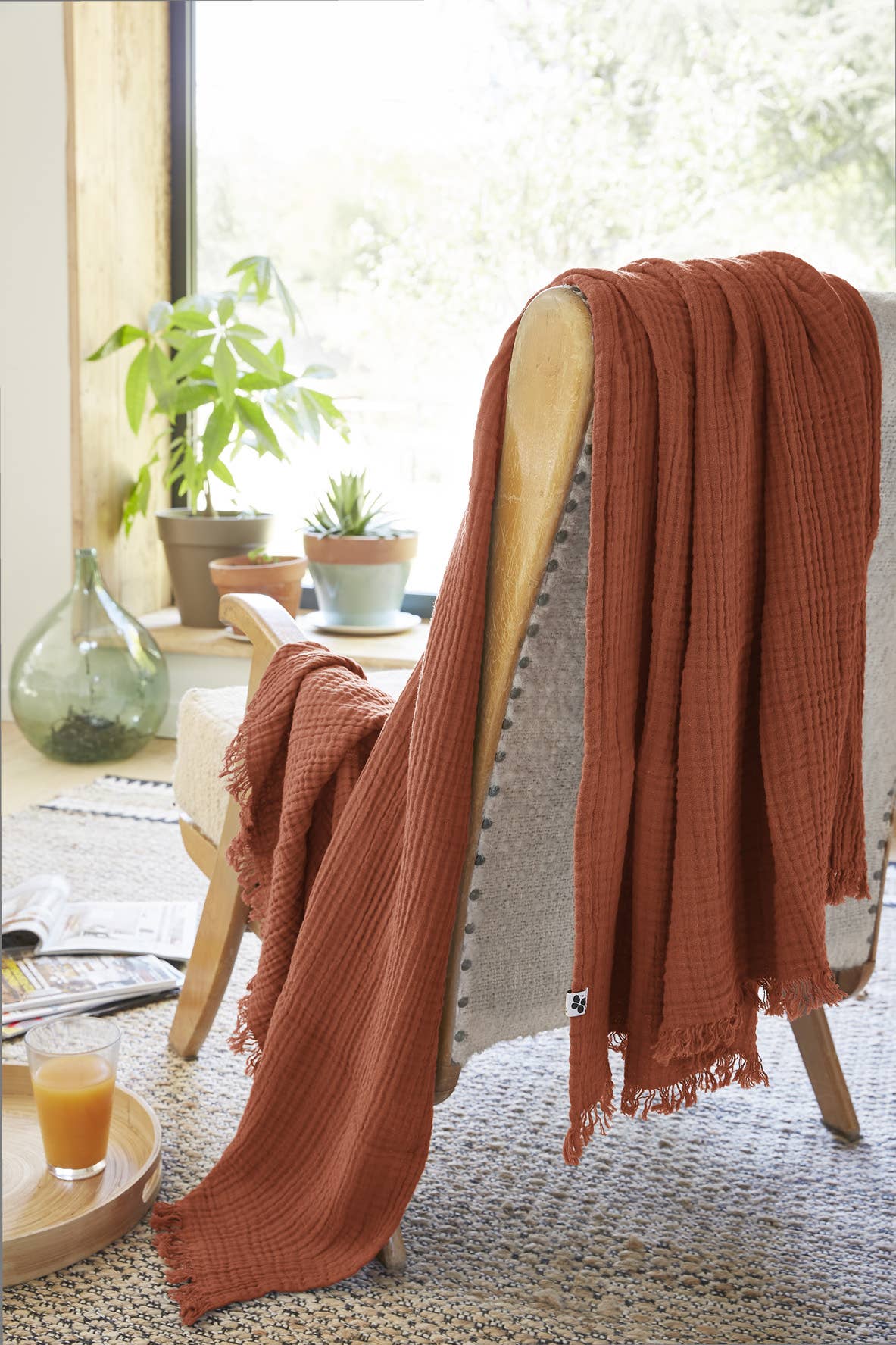 L'effet Papillon - Wholesale Throw Blanket - GAÏA Terracotta fringed throw 130 x 160 cm2