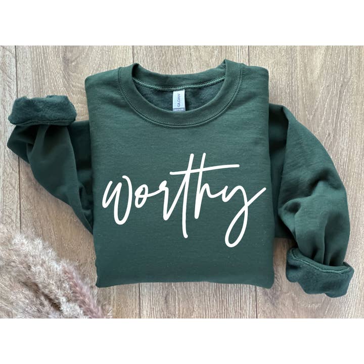 Fox and Owl Apparel - Wholesale Graphic Sweatshirt - Women's - WORTHY GREEN FAITH EVERYDAY COZY GRAPHIC SWEATSHIRT TEE
