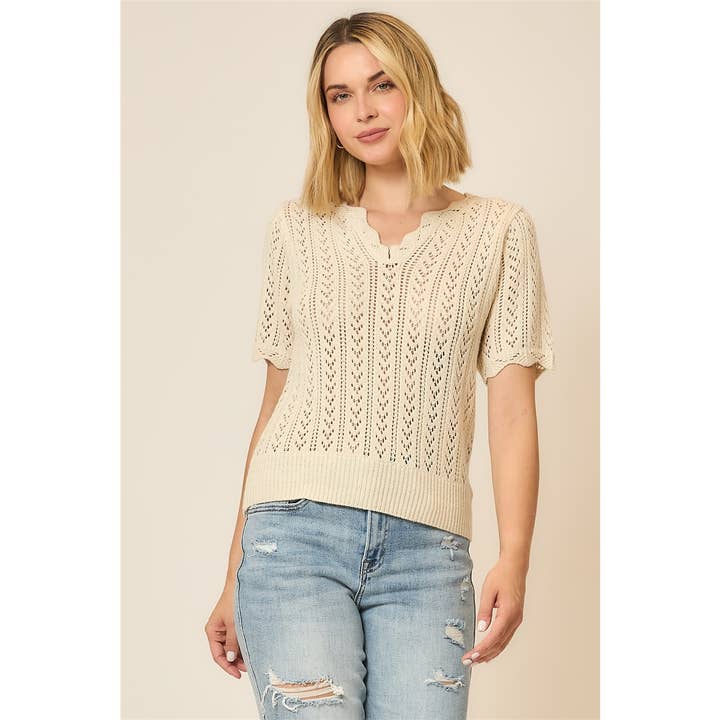 Chevron Knit Short Sleeve Top w Scallop Neckline for wholesale by Cozy Casual, Inc.