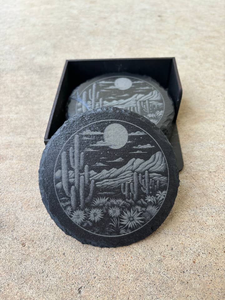 Desert Cactus Scene 4x4 Round Engraved Slate Coasters for wholesale by Wood’N Sass