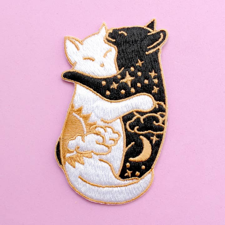 Day & Night Hugging Cats Iron-on Patch for wholesale by Glitter Punk