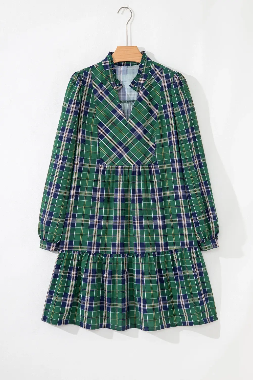 Green Casual Plaid Frill-Neck Long-Sleeve Mini Dress for wholesale on Faire1