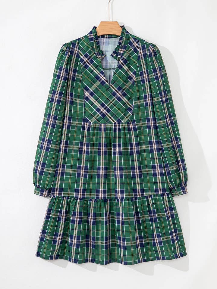 Green Casual Plaid Frill-Neck Long-Sleeve Mini Dress for wholesale on Faire1