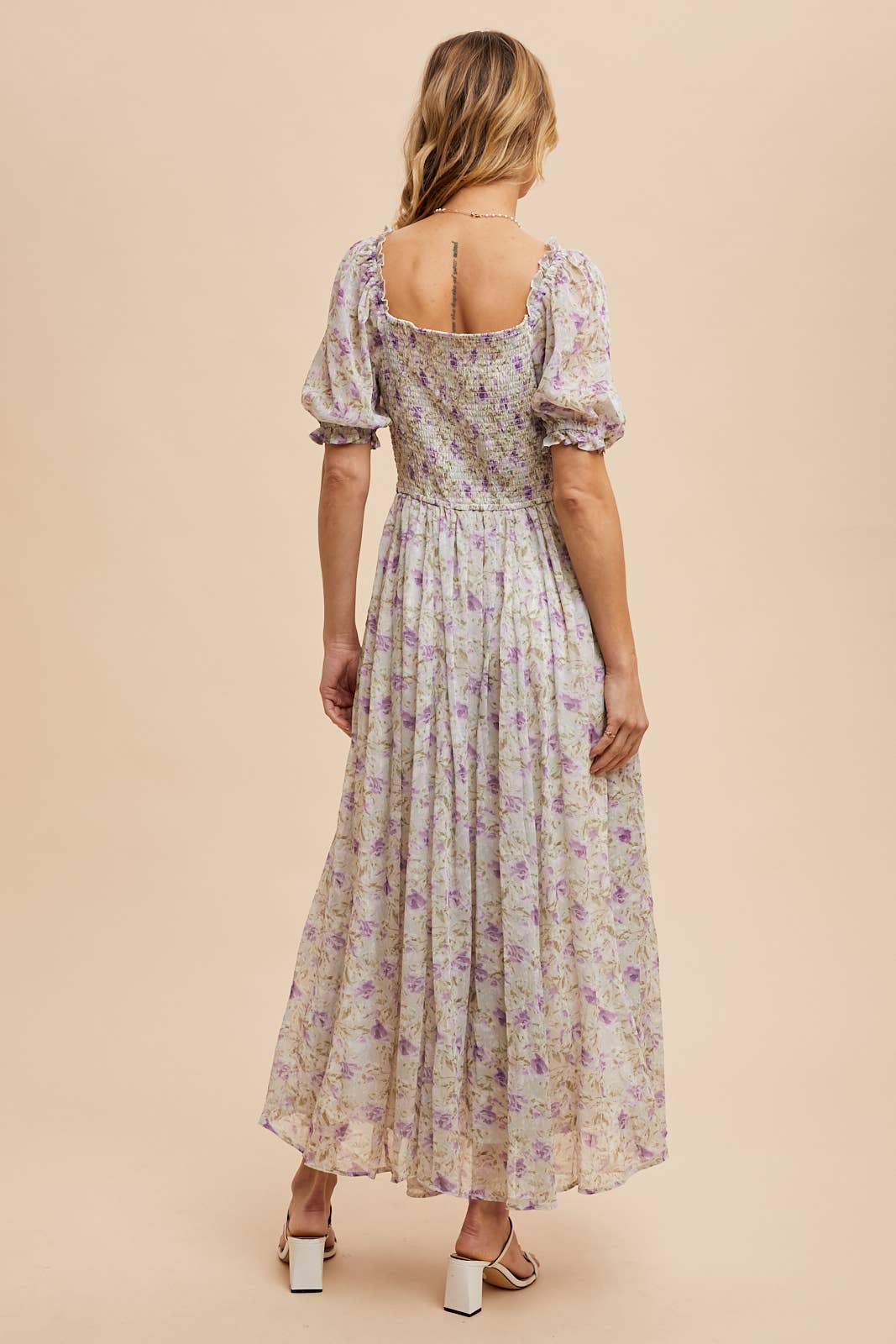 LAVENDER FLORAL SMOCKED SWEETHEART DRESS for wholesale on Faire5