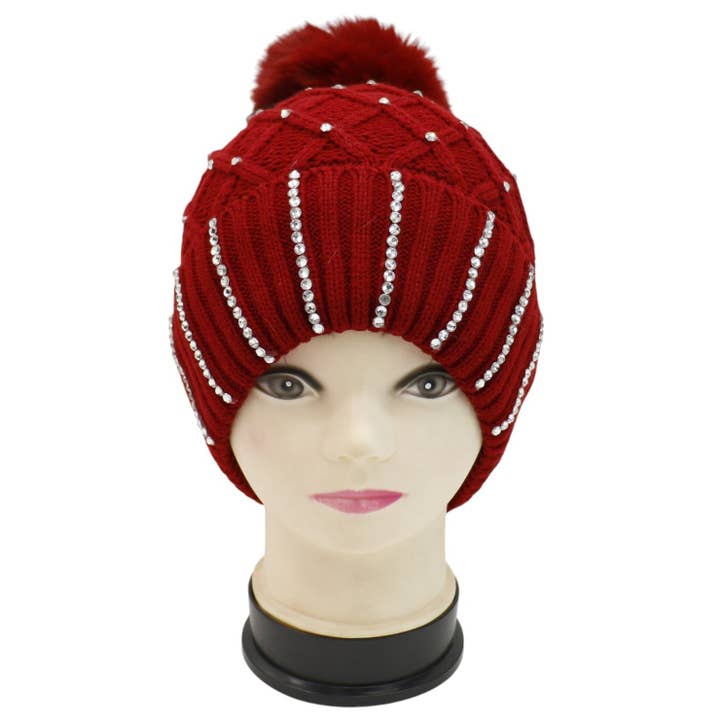 ASSORTED Pom Pom Knitted Beanie With Rhinestone HA4727-8 (12PC) for wholesale on Faire2