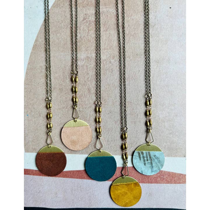 28" Large Brass and Leather Disk Pendant Necklace for wholesale by Permanent Baggage