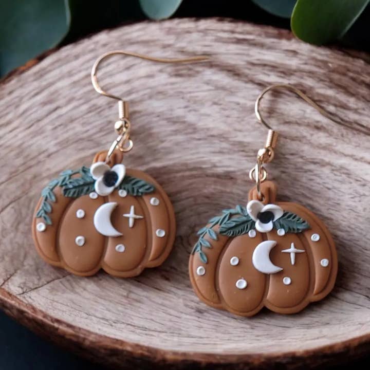 Handmade Floral Pumpkin Clay Cottagecore Dangle Earrings for wholesale by Foxy Method