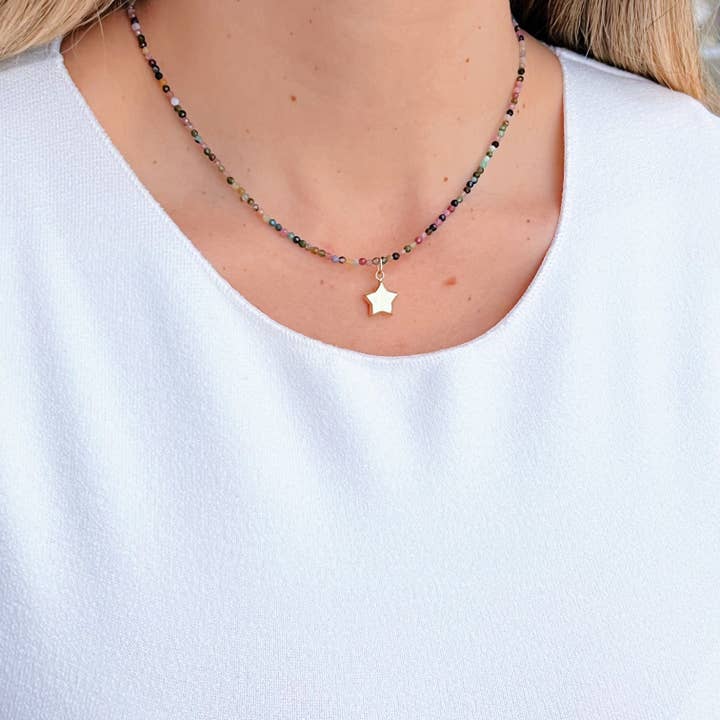 Wünsch dir was – Turmalin-Halskette mit 14K massivem Goldstern für den Großhandel von Georgina Nicol