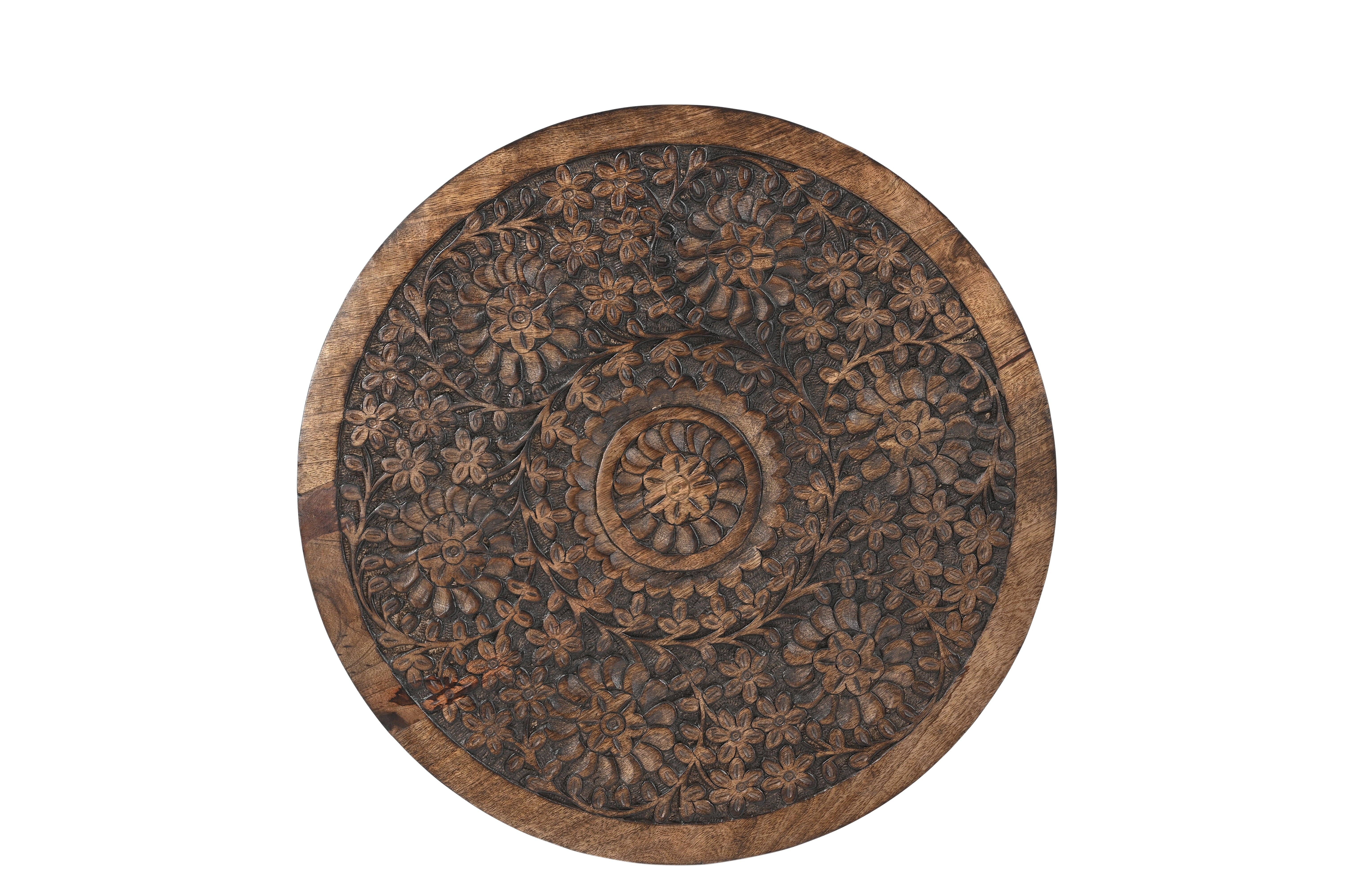 iAnanas - Wholesale Side Table - iAnanas Antique Brown Hand-Carved Round Side Table with Embellishments – Mango Wood3
