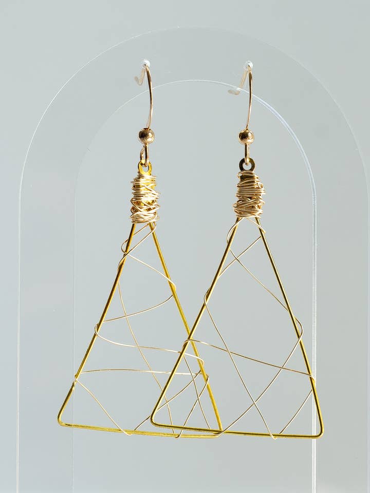 Ava Triangle Gold Dangle Earrings with Wire Wrapping for wholesale by Hedge & Fox