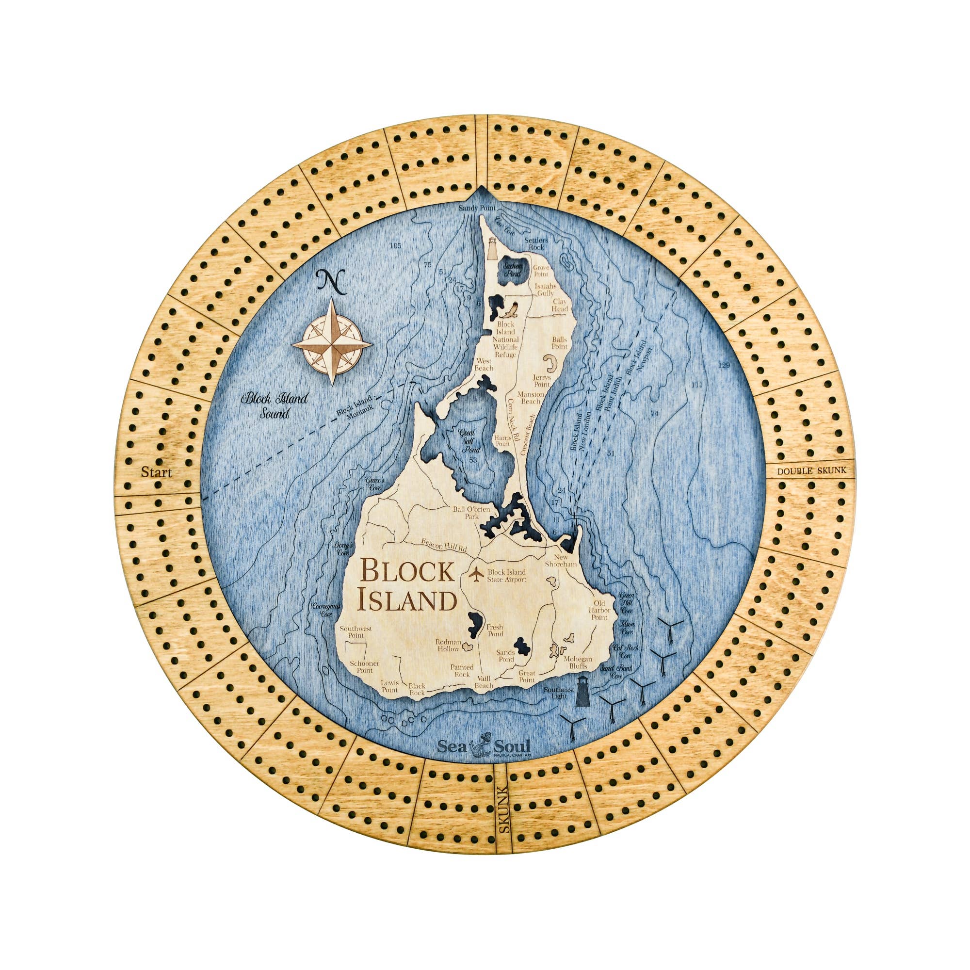Sea & Soul Nautical Chart Art - Vente Jeux de cartes - Planche de cribbage en bois nautique personnalisée de Block Island14