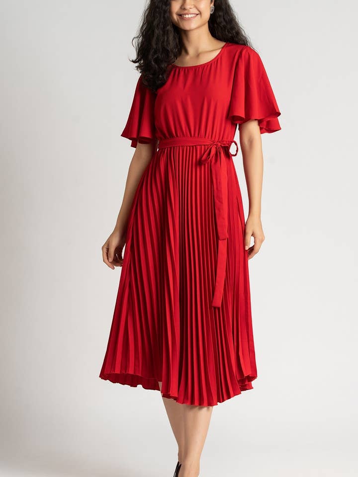 Vestido largo plisado rojo occidental para mujer | Últimos vestidos elegantes para venta al por mayor de STYLE INSTANT