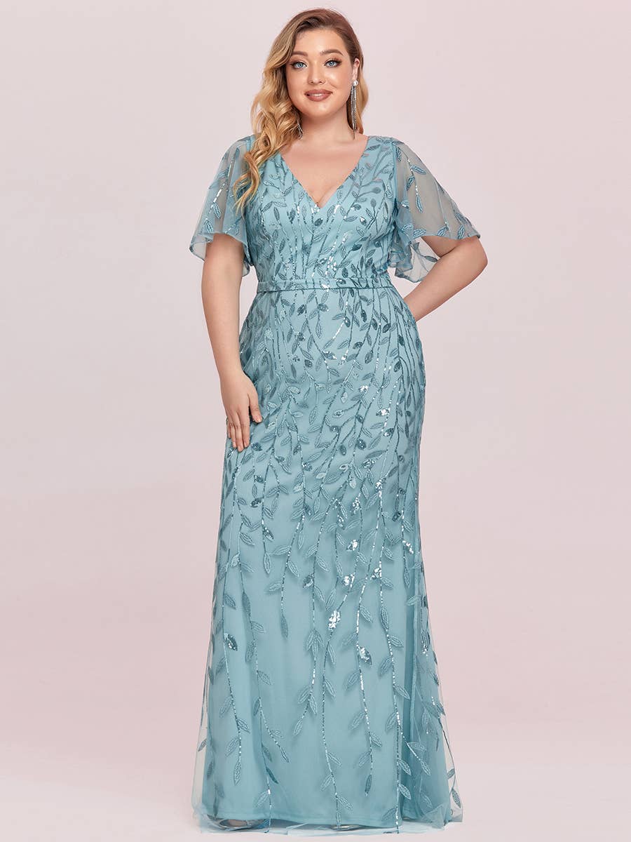 Ever-Pretty - Wholesale Gown - Women's - Plus Size V Neck Mermaid Sequin & Tulle Evening Dress8