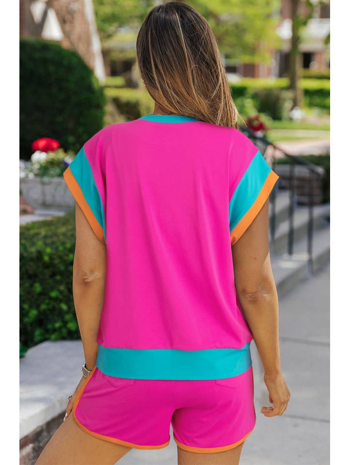 LiveFashionWay - Wholesale Lounge Set - Women's - Contrast Trim Cap Sleeve Tee Shorts Set