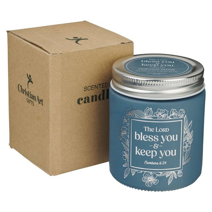 Christian Art Gifts - Wholesale Jar/Filled Candle - Glass Candle w/Screw Top Lid Blue Bless\Keep You Num. 6:241