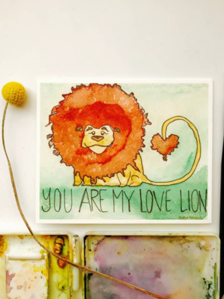 Biglietto di auguri acquerello Love Lion per la vendita all'ingrosso da parte di Argus Art Studio