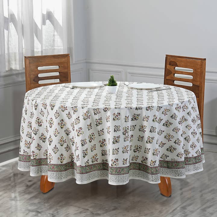 Cotton Print Club - Wholesale Tablecloth - Forest Green Block Printed Cotton Round Tablecloth