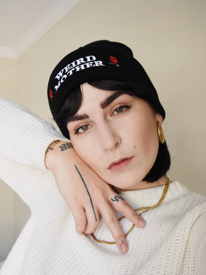 Weird Mother and Roses Embroidered Beanie in 3 color ways for wholesale by Drawings by Nicole