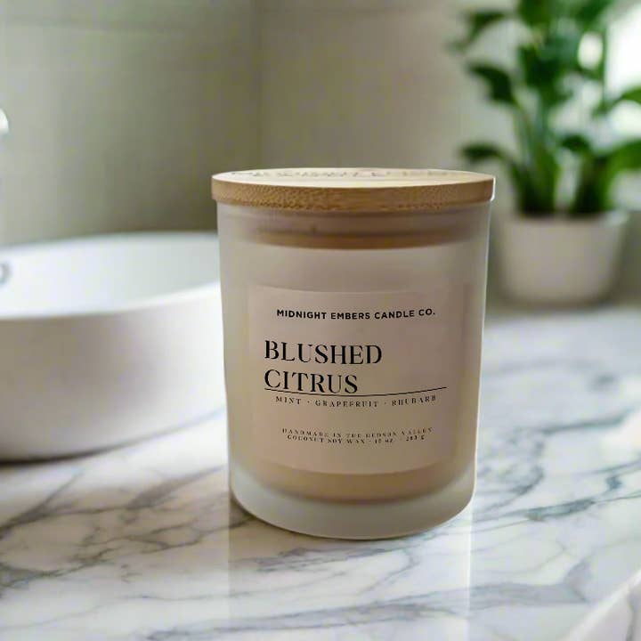 Blushed Citrus 8 oz. Candle for wholesale by Midnight Embers Candle Co.