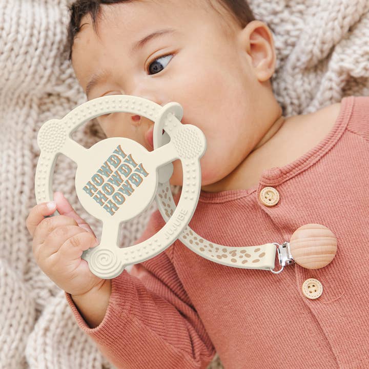 Silicone Teether Ring with Detachable Clip Howdy Partner Blu for wholesale by JuJuBe